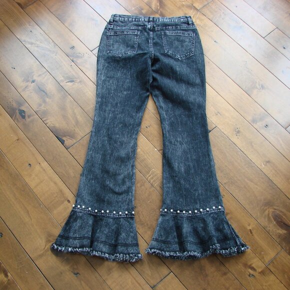 Flare Jeans Pearl Detailing Raw Hem Black Gray Boho Hippie Festival Wide Leg 6 - Picture 11 of 15